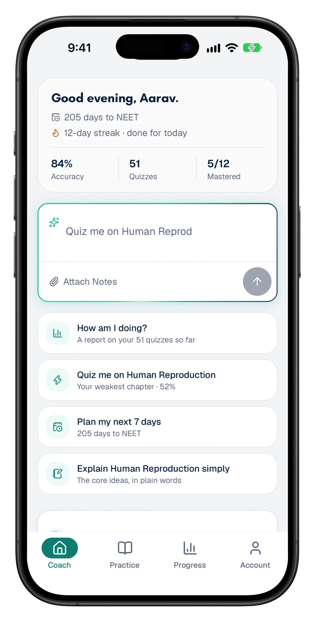 GyaanLoop Study Coach on an iPhone: a greeting with a 12-day streak, 84% accuracy and 5 of 12 chapters mastered, above a box to ask any doubt.